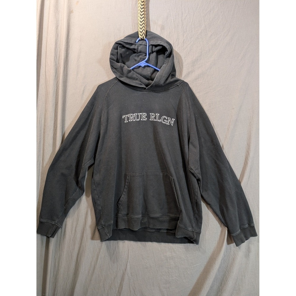 True Religion Mens‎ Black Graphic Hooded Pullover Hoodie Sweatshirt